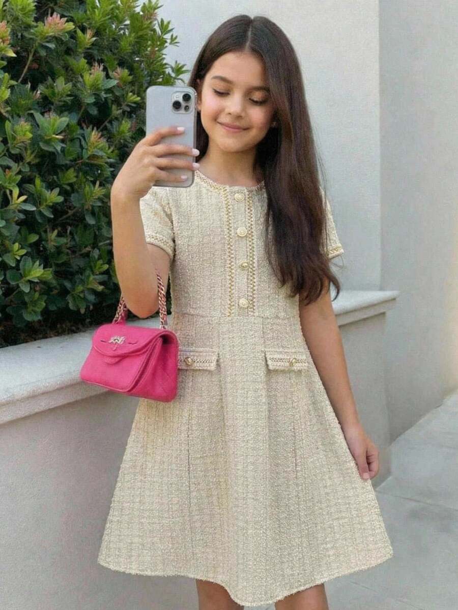 Firerie Kids Firerie Kids Vestido elegante y de moda para niña preadolescente con detalles de encaje y botones, de manga corta - Champán - Ver 1
