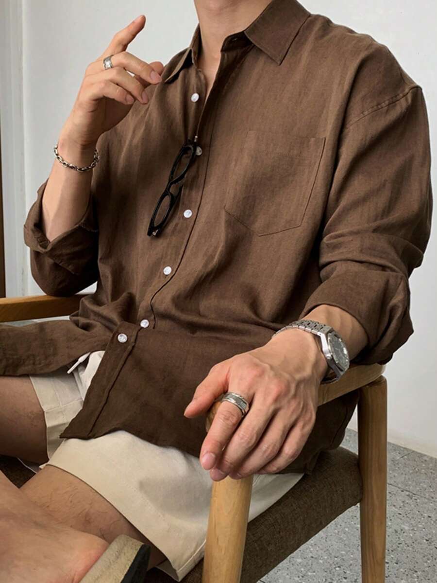 DAZY Brown & Red Long Sleeve Men's Casual Shirt, Spring - Brown - View 1