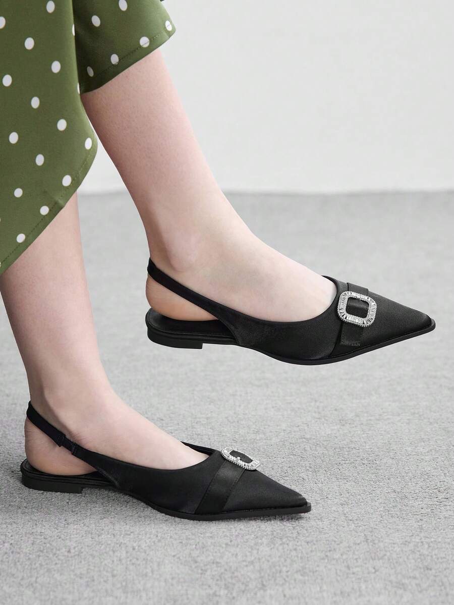 CUCCOO BIZCHIC Sepatu Flat Ujung Lancip dengan Gesper Persegi Berhiaskan Berlian Imitasi Model Musim Gugur Terbaru - Hitam - View 1
