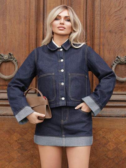 Elenary Edit 女深蓝色牛仔套装长袖牛仔外套和卷边下摆裙25秋冬新款韩版休闲装办公室女装ins风秋季外套两件套牛仔套装女