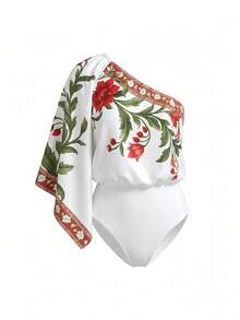 CAJUNI Women's Minimalist Printed Asymmetric Shoulder Bodysuit - Apricot - View 6