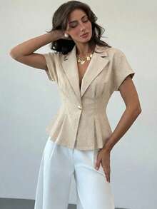 Aloruh Áo blazer nữ tay ngắn, dáng suông, chất liệu linen màu mơ, thích hợp cho công sở/thường ngày, mùa hè, lễ tốt nghiệp, trang phục giáo viên, tựu trường mùa thu/đông. - Màu Khaki - Xem 4
