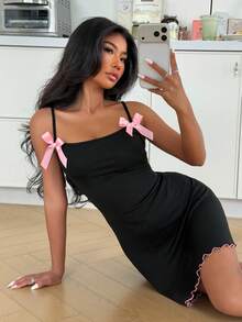 SHEIN Women's Black Textured Jacquard Fabric Contrast Bow Strap Camisole Nightgown - Black - View 4