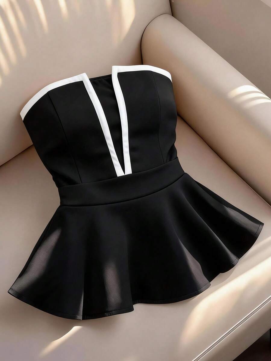 Franclia Women's Contrast Trim Elegant Peplum Bandeau Top - Black - View 1