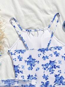 SHEIN 蝴蝶印花泳衣套装，含配套罩衫和裙子，时尚休闲，适合青少年女孩。 - 藍色 - 查看 7