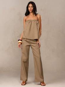 SHEIN BAE Bộ áo ống nhún bèo pha vải lanh và quần ống rộng cạp chun, trang phục thanh lịch, set đồ thường ngày, set đồ đi ăn trưa, set đồ đi nghỉ mát, set đồ mùa hè, bộ quần áo. - Màu Khaki - Xem 4