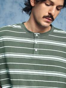 ROMWE MEN Prep Men's Striped Print Casual Versatile Short Sleeve Henley T-Shirt - Green - View 2