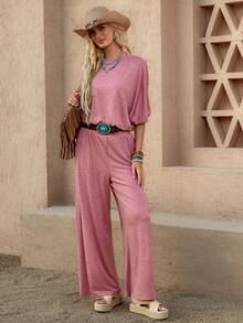 Wildy BOHO American Casual Western Country Retro Women Spring/Summer Basic Outfit Casual Wear Commute Pocket Short Sleeve T-Shirt And Pants 2 Pieces Set - Dusty Pink - View 3