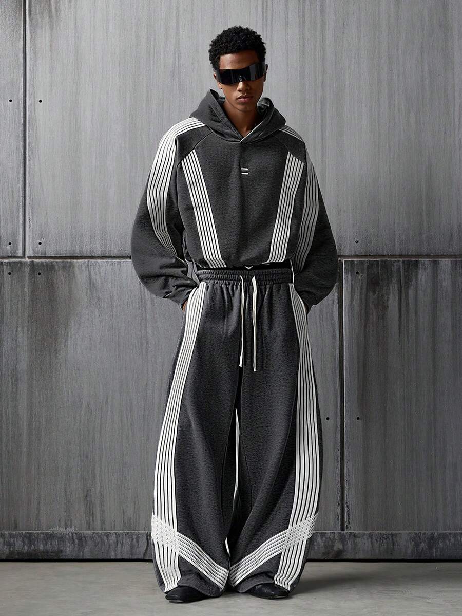 NEON BLANC Men's Hoodie And Trousers, Sporty Style, Striped Design, Loose Fit, Street Style. - Dark Grey - View 1