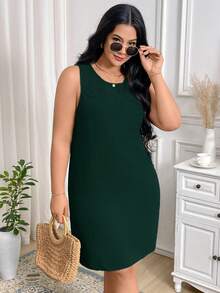 SHEIN LUNE Vestido casual cómodo y transpirable sin mangas con cuello redondo y parches de encaje en unicolor para mujer de talla grande - Fresh Green - Ver 5
