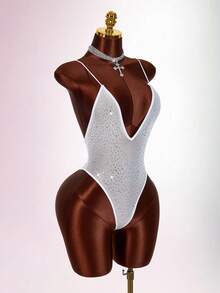 Amplova Rhinestone Glitter Backless Sheer Sexy Bodysuit For Party - White - View 8