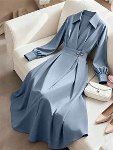 GlowEve CURVE Plus Size Women Casual Solid Color Lapel Lantern Sleeve Button Pleated Waist A-Line Dress Blue Elegant Dress Women - Dusty Blue - View 1