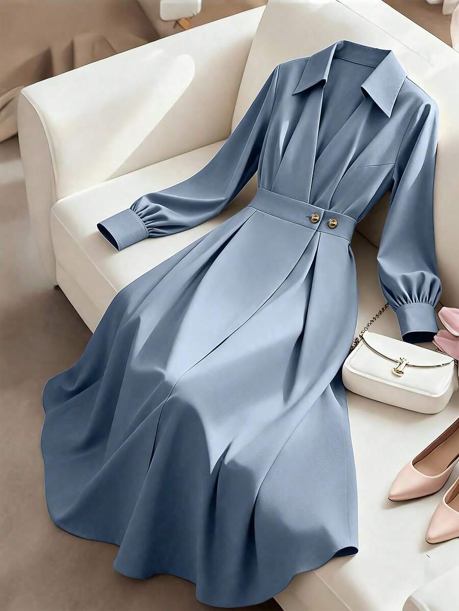 GlowEve CURVE Plus Size Women Casual Solid Color Lapel Lantern Sleeve Button Pleated Waist A-Line Dress Blue Elegant Dress Women - Dusty Blue - View 1