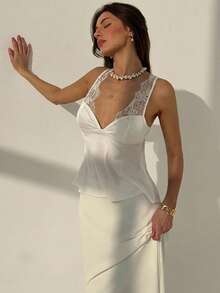 Aloruh Sexy Black Satin Contrast Lace Camisole For Women,Summer Top - White - View 7