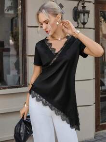 Opuloom 女士时尚优雅荷叶边领蕾丝边吊带背心，适合情人节、婚礼、节日、休闲外出、派对等场合，采用不对称下摆和弹力面料。 - 黑色 - 查看 6