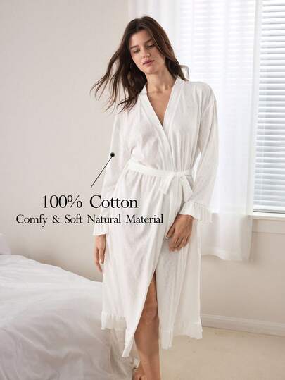 Ocili 100% Cotton Comfortable Elastic Jacquard Knit Striped Textured Waffle Robe With Tie Belt, Women Loungewear