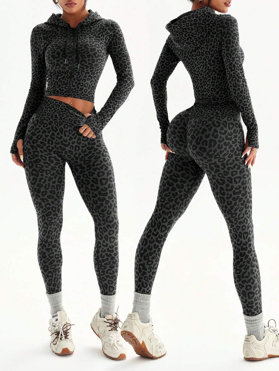 Dewbera 2pcs Women Seamless Leopard Print Hooded Zipper Thumb Hole Long Sleeve Sweatshirt And 7/8 Leggings Sports Suit For Running, Fitness, Yoga - Black - View 1