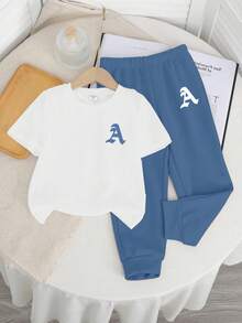 Baby Boys Casual Minimalist Round Neck Short Sleeve Pants Set, Classic Cool Stylish Simple Letter A Print - Multicolor - View 3