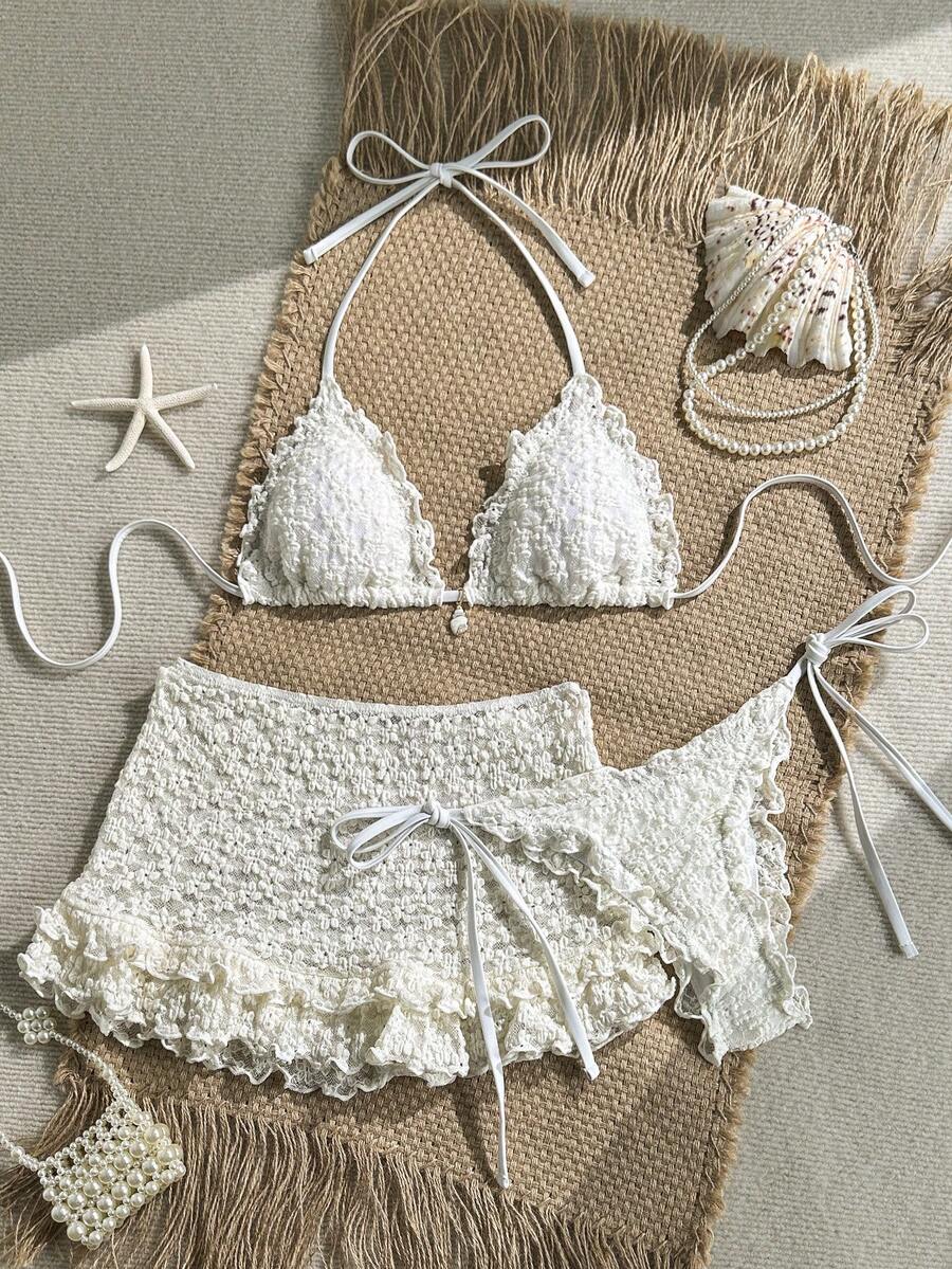 Bộ đồ bơi 3 món Swim Mod, áo bikini tam giác buộc dây cổ màu trơn với họa tiết hoa, trang trí vỏ sò ngọc trai, quần bikini buộc dây bên hông và chân váy xếp ly, bộ đồ bơi gợi cảm, bộ đồ bơi móc len mùa xuân/hè cho nữ, bộ bikini móc len ren cổ điển, bộ đồ Boho, bộ đồ đi biển 2 mảnh cho nữ, bộ đồ đi biển, bộ đồ phối hợp đi biển cho nữ, bộ đồ đi biển mùa hè cho nữ. - Màu be - Xem 1