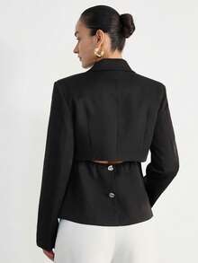 Aveloria Modichic 黑色纯色立领双层露背不对称金属手工缝制纽扣修身休闲百搭女式西装外套 - 黑色 - 查看 2