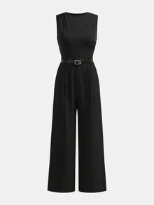 SHEIN Teen Girls Black Knit Top And Pants Jumpsuit, Casual Fashion Versatile For Outings, Sisters Photos, Park, Camping, Daily, Party, Vacation - Black - View 5