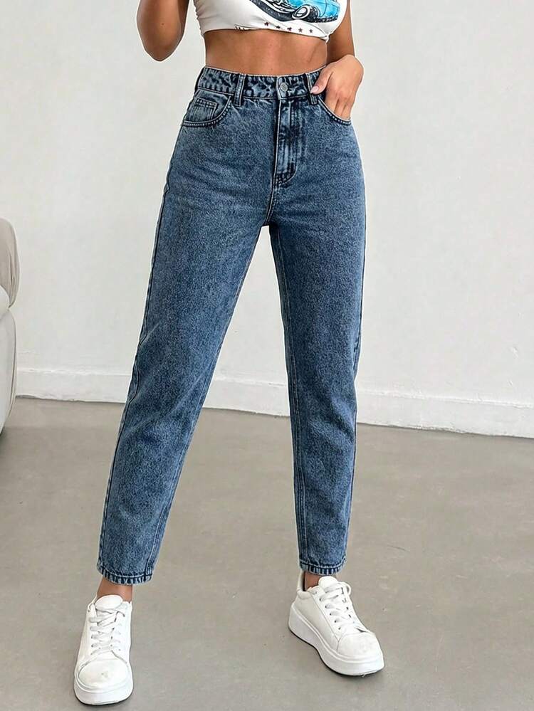 EURMUSE Jeans casual a vita alta con tasche, modello affusolato e versatile per le donne - Blu lavato medio - Visualizzare 1