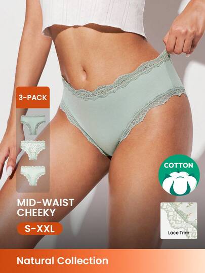 LUVLETTE 3-Pack Lace Trim Cotton Mid-Waist Basic Cheeky Women Underwear Panties Set- Floral Print Lace Trim-Green