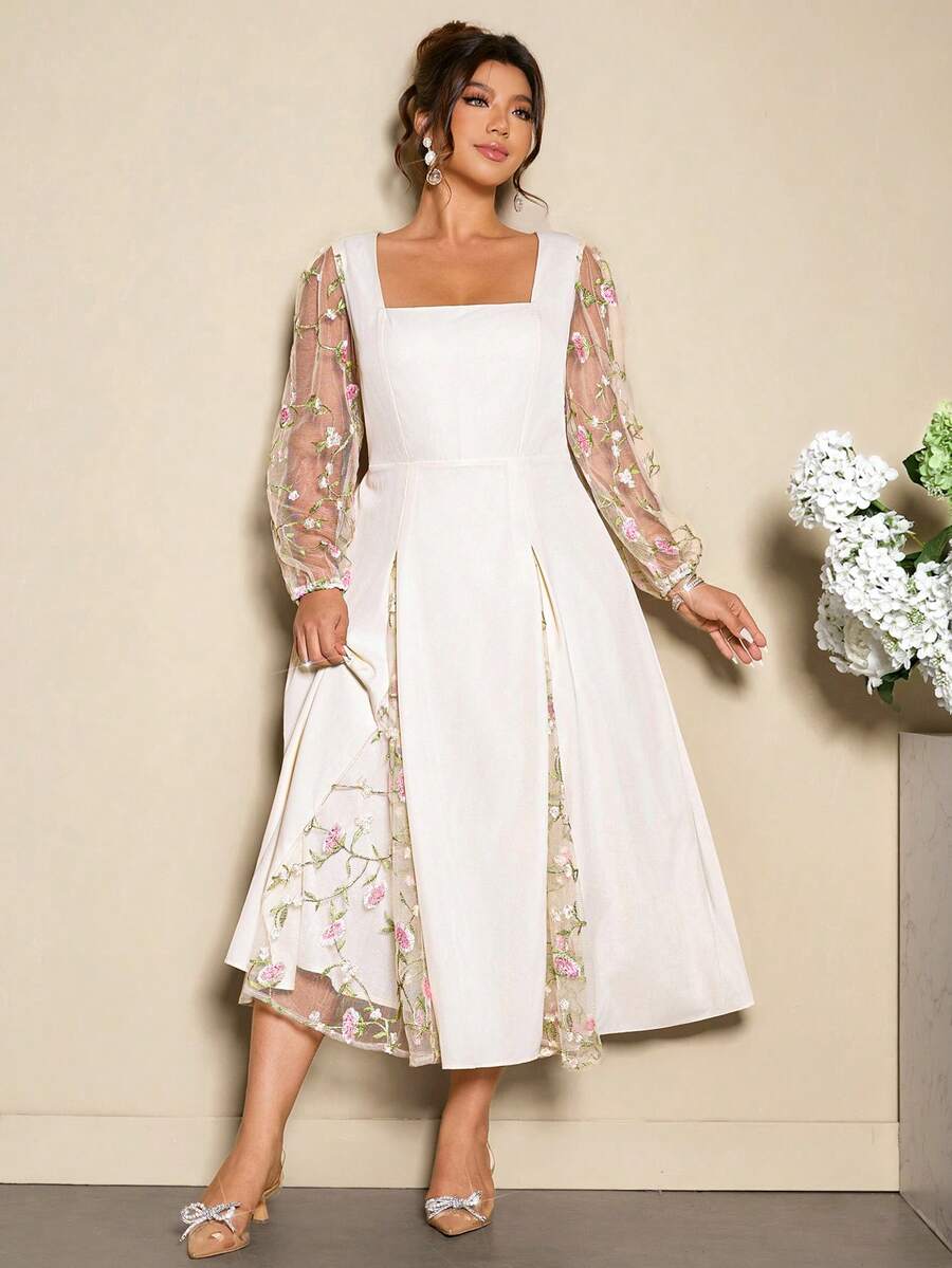 Cravure 加大码花卉刺绣方领灯笼袖连衣裙 - 杏色 - 查看 1