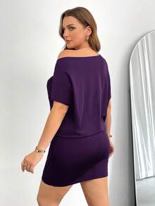 SHEIN Essnce 女士大码夏季连衣裙。黑色休闲连衣裙，露肩连衣裙，单肩连衣裙，夏季女士休闲连衣裙，露肩连衣裙，黑色迷你连衣裙，外出连衣裙 - 紫色 - 查看 2