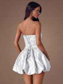 SHEIN BAE Đầm ôm sát thanh lịch màu vàng/champagne cổ chữ V sâu, xẻ eo, vạt phồng dành cho nữ mùa Thu/Đông, thích hợp cho những buổi hẹn hò lãng mạn, tiệc tùng, đi chơi tối, làm đầm phù dâu, đầm Giáng sinh, đầm kiểu nữ thần. - trắng - Xem 2