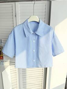 SHEIN 少女休闲日常复古格子短袖衬衫 - 藍白色 - 查看 3