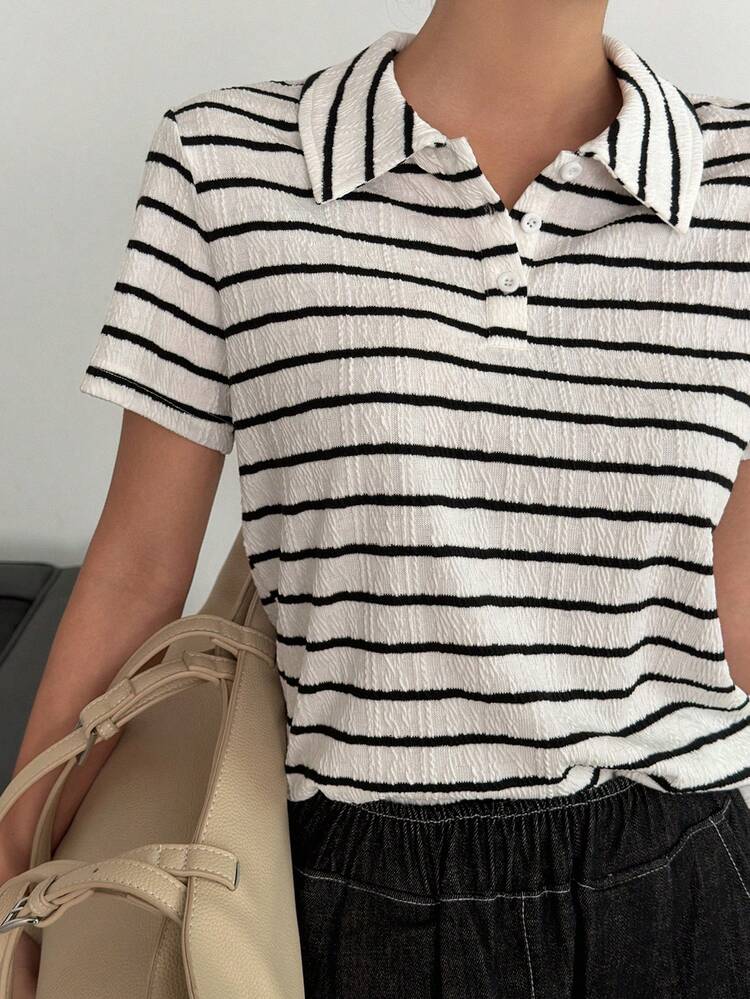 Women's Striped Polo Collar Textured Casual T-Shirt, Summer