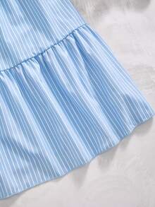 ChillGRL 春夏少女休闲优雅度假风荷叶边领纽扣拼接连衣裙，适合日常通勤、休闲、度假、海滩、用餐等场合。 - 藍色 - 查看 6