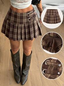 Coolane Women's Plaid Pleated Versatile Casual Skirt Pants - Brown - View 4