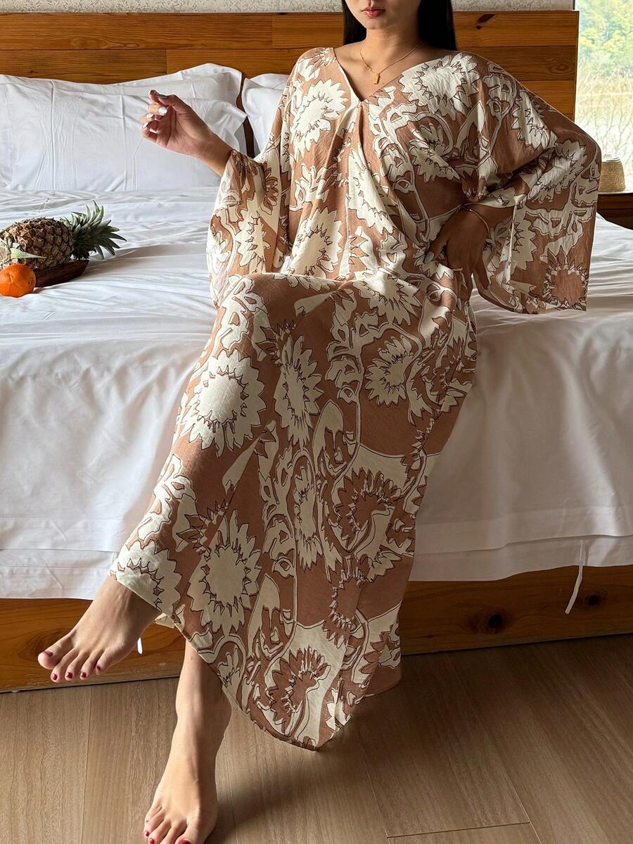 DAZY Áo ngủ dài nữ thanh lịch in hoa, dáng rộng, cổ chữ V. - trái cam - Xem 1