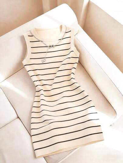 Resyla Women's New Striped Print Round Neck Fitted Sleeveless Dress, Spring/Summer