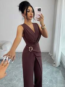 Elenzga Bộ jumpsuit nữ thanh lịch, tối giản, không tay, màu trơn, xếp ly, thích hợp cho mùa xuân/hè. - Màu nâu Sô-cô-la - Xem 5
