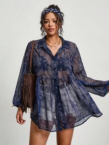 SHEIN CURVE+ 大码女式休闲灯笼袖印花衬衫，适合春、秋、冬三季穿着/秋季/冬季/2026/新年 - 彩色 - 查看 5