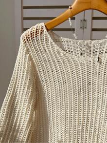 SHEIN Unity 女士杏色薄纱钩编套头毛衣，性感休闲沙滩罩衫，轻盈夏季度假风 - 杏色 - 查看 3