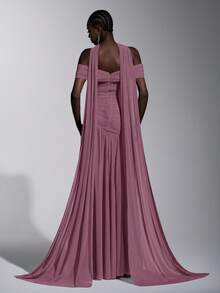 Elitara Elegant Pink Minimalist Off-Shoulder Ruched Asymmetric A-Line High Slit Dress, Suitable For Weddings, Formal Events, Galas, And Cocktail Parties - Dusty Pink - View 3