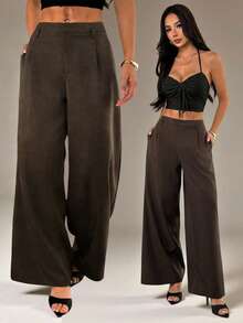 SHEIN PETITE 女士商务休闲裤 女士西式服装 女士阔腿裤 女士办公室服装 宽松裤 专业女士服装 办公室着装 灰色宽松裤 棕色女士裤 女士阔腿裤 女士棕色阔腿裤 高腰裤 女士阔腿裤 - 棕色 - 查看 1