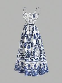 Sweetra 女士优雅印花连衣裙，露背系带设计，浪漫海滩度假风，春夏款 - 藍白色 - 查看 3