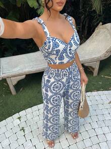 SHEIN SXY 女士度假植物印花露脐吊带背心和长裤时尚套装 - 彩色 - 查看 1