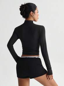 SHEIN Dewbera Women's Patchwork Geometric Mesh Long Sleeve Zipper Partial Placket Sporty Sweatshirt - Black - View 4