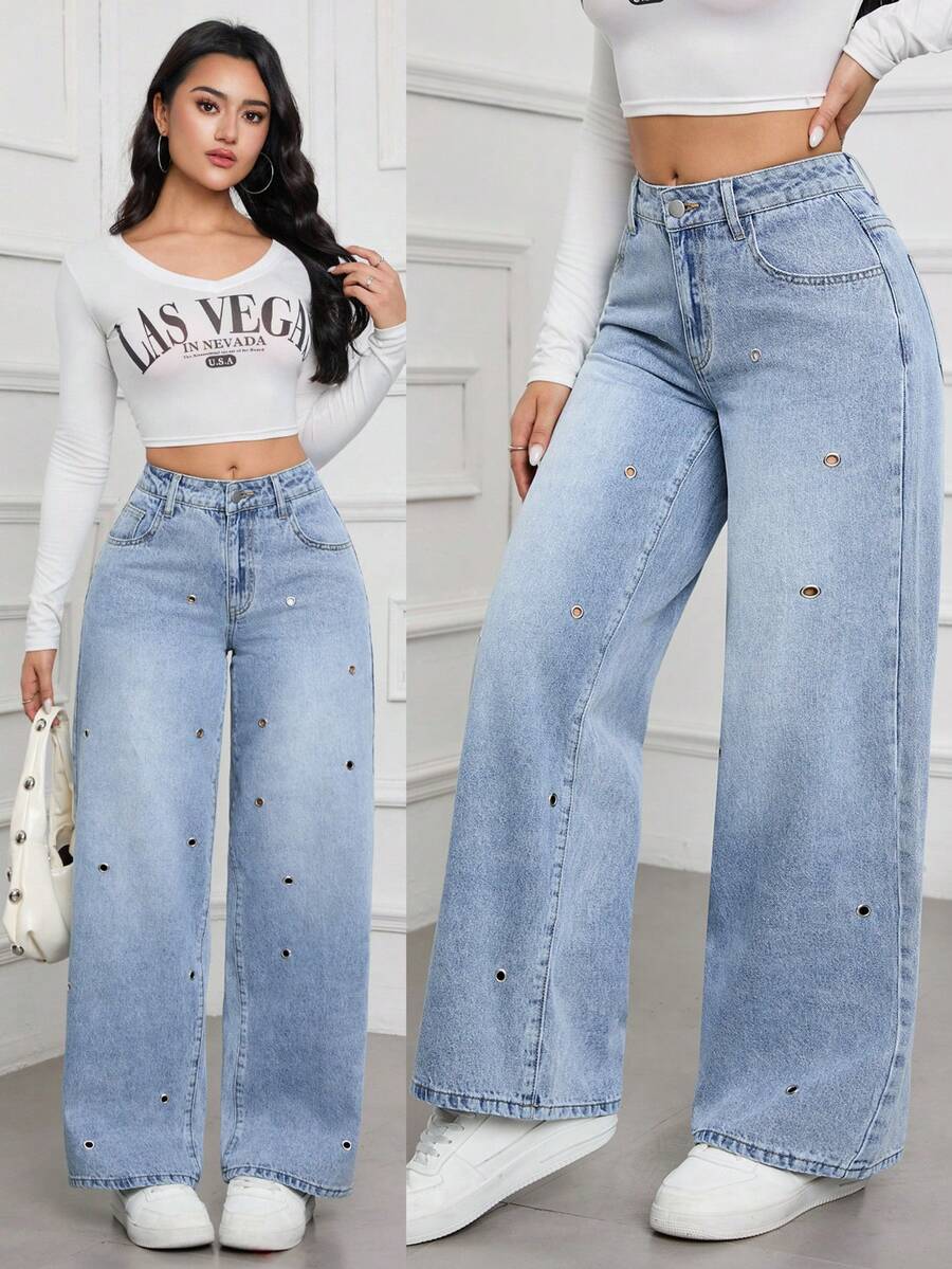 SHEIN Tall Women's Fashionable Casual Washed Metallic Denim Jeans, Autumn - Blue - View 1