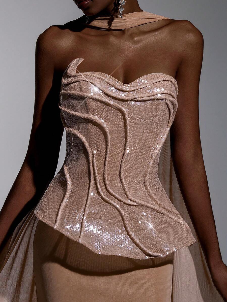 Elitara Jupe sirène élastique froncée en tricot patchwork de sequins élégante et luxueuse, convient pour le mariage, la fête, les vacances, le bal de promo, la robe de soirée