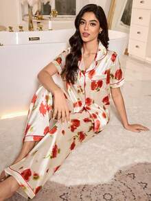 LuxeNights Elegant Rose Floral Print Silk Blend Robe & Pajama Set For Women Floral Pj Set Short-Sleeved Pajama Set - Red - View 5