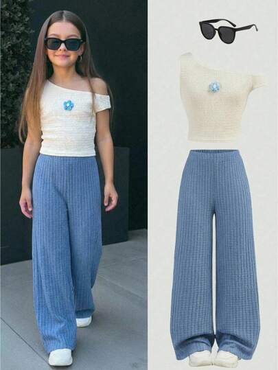Firerie Kids 2pcs Tween Girls Casual Solid Textured Chiffon Asymmetric Cropped Off-Shoulder Top And Long Pants Set, Suitable For Vacation, Beach