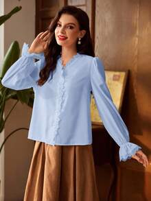 Vintamour 复古优雅女士蕾丝拼接V领衬衫，适合工作、返校、教师等场合，复古长袖纽扣衬衫 - 淺藍色 - 查看 9