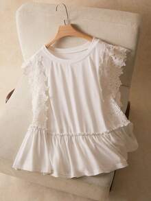 Elaquor Women Plus Size White Summer Elegant Party Lace Patchwork Ruffle Hem T-Shirt,Casual Round Neck Babydoll Tops,Solid Color Lace Blouses For Woman - White - View 4